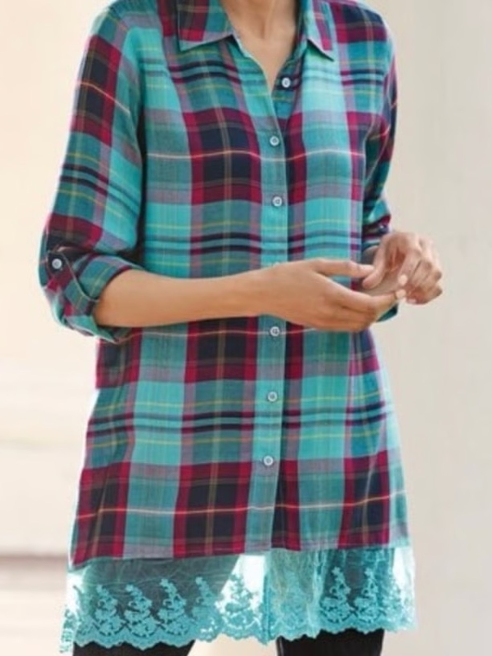 Soft Surroundings Adeline Plaid Lace Tunic